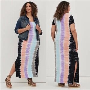 Torrid Super Soft Knits Tie Dye Stripe Maxi Dress Wmns 1XL Scoop Neck Short Slve